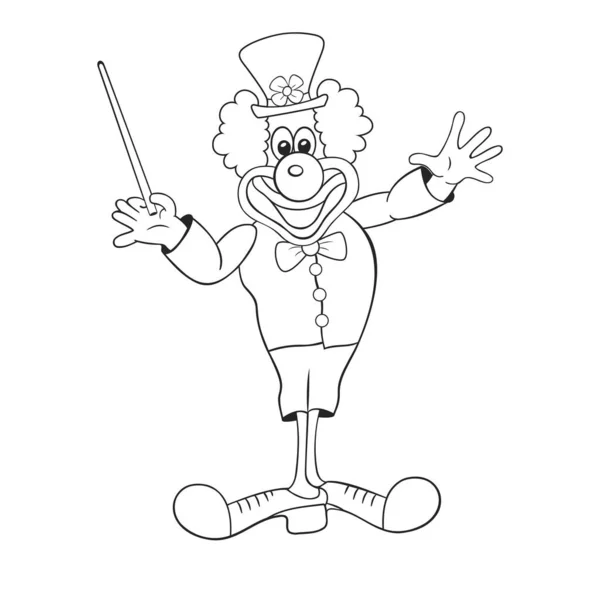 Vrolijke Clown Jongleren Met Een Magische Stok Cartoon Contour Tekening — Stockvector
