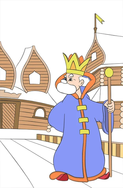 King Walks His Kingdom Winter Children Fairy Tale Outline — Stok Vektör