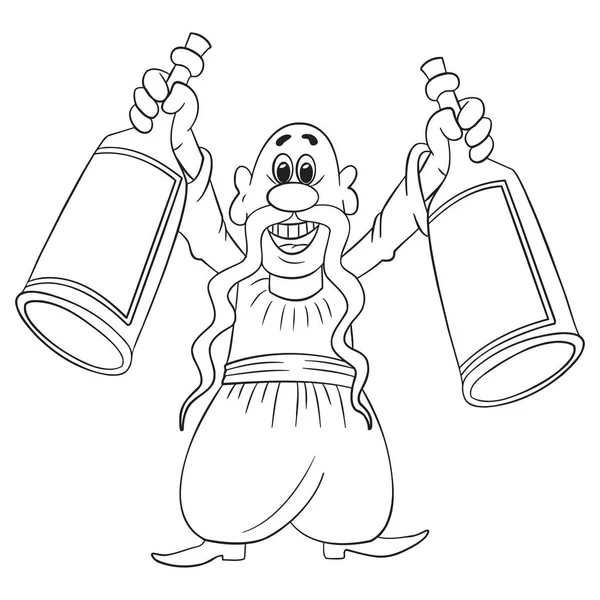 Bald Mustachioed Man Holds Bottles Corks His Hands Cartoon Outline — Image vectorielle