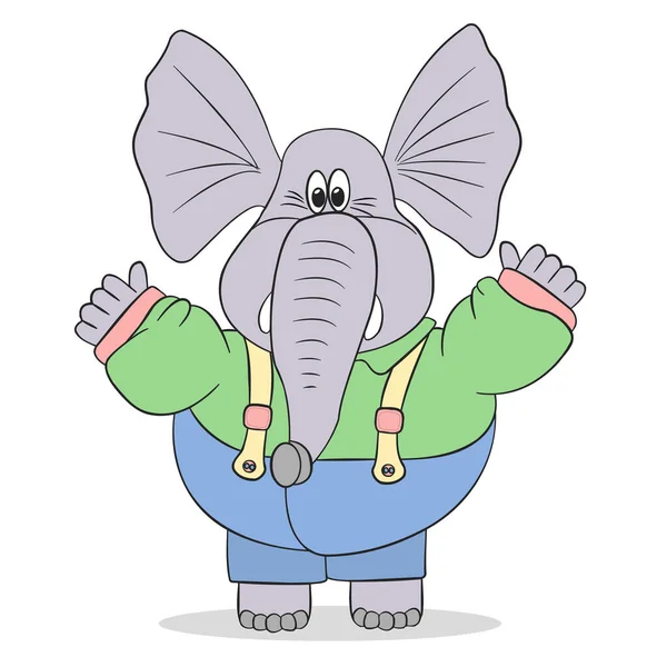 Funny Cartoon Elephant Overalls His Hands Vector White Background — Stock Vector