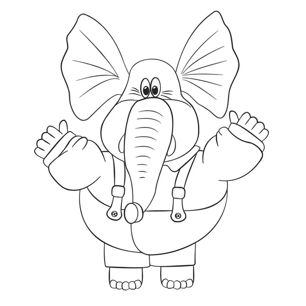 Funny Cartoon Elephant Overalls His Hands Vector Outline — Stock Vector