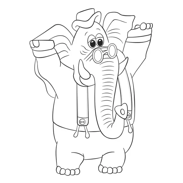 Funny Cartoon Elephant Glasses Overalls His Hands Vector Outline — Stock Vector