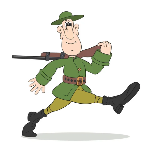 拿着枪的有趣的猎手自豪地迈着大步走着 身披白色背景的卡通人物 — 图库矢量图片