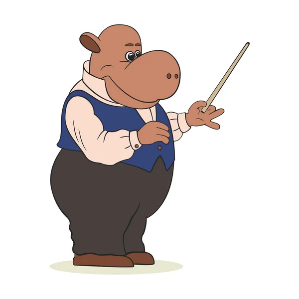 Professeur Hippopotame Costume Avec Pointeur Présentation Sur Fond Blanc — Image vectorielle