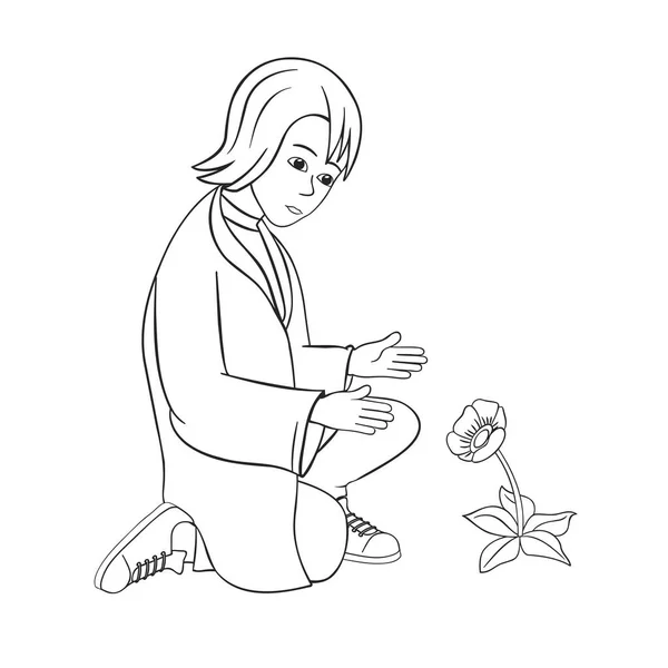Kleiner Junge Verneigte Sich Vor Einer Einsamen Blume Karikatur Umriss — Stockvektor