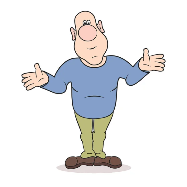 Funny Bald Man Spread His Arms Inquiringly Cartoon White Background — Vector de stock