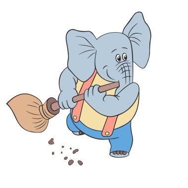 Süpürgesi olan sevimli bir bebek fil, çöpü süpürüyor, çocuksu bir çizgi film, dış hatlar,