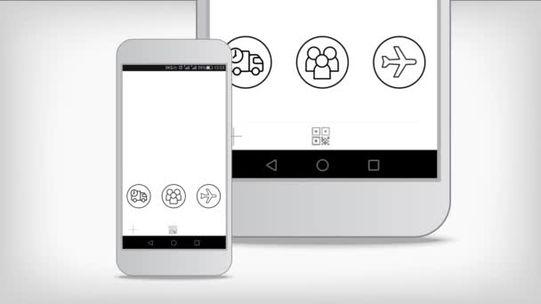 Mano Presiona Botón Del Smartphone Escanea Código Sobre Fondo Blanco — Vídeo de stock