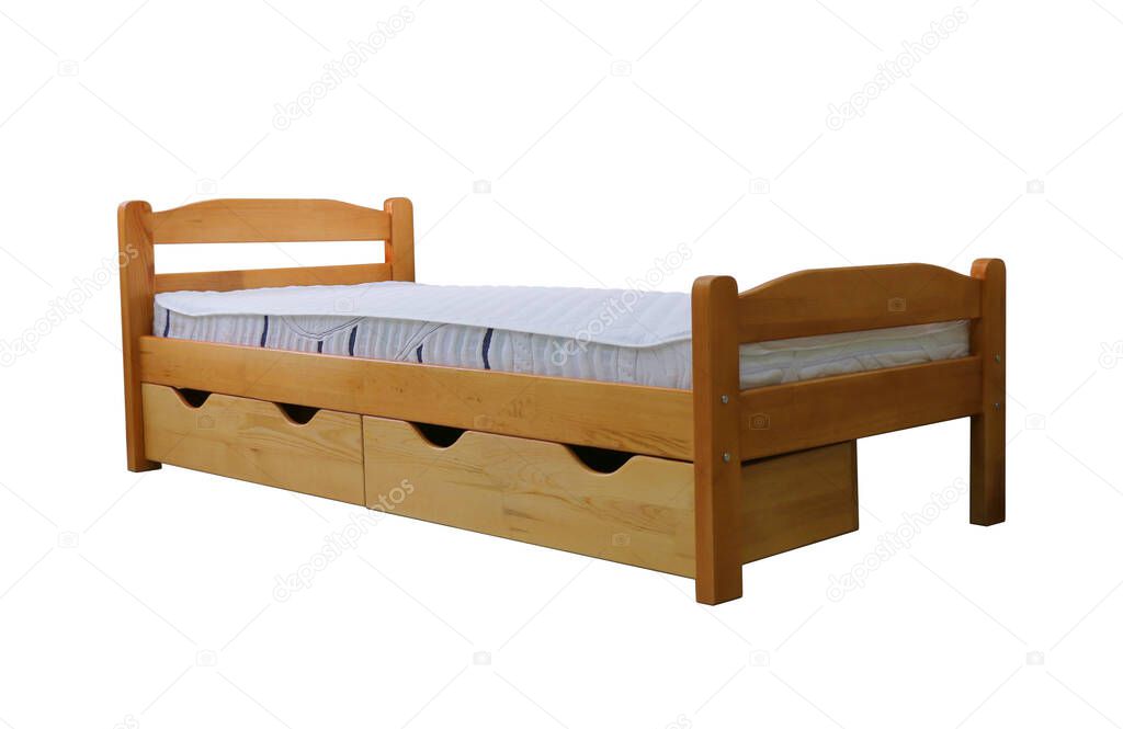 children's single bed with mattress and drawers, on isolated background
