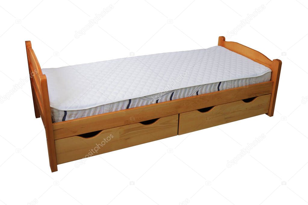 children's single bed with mattress and drawers, on isolated background