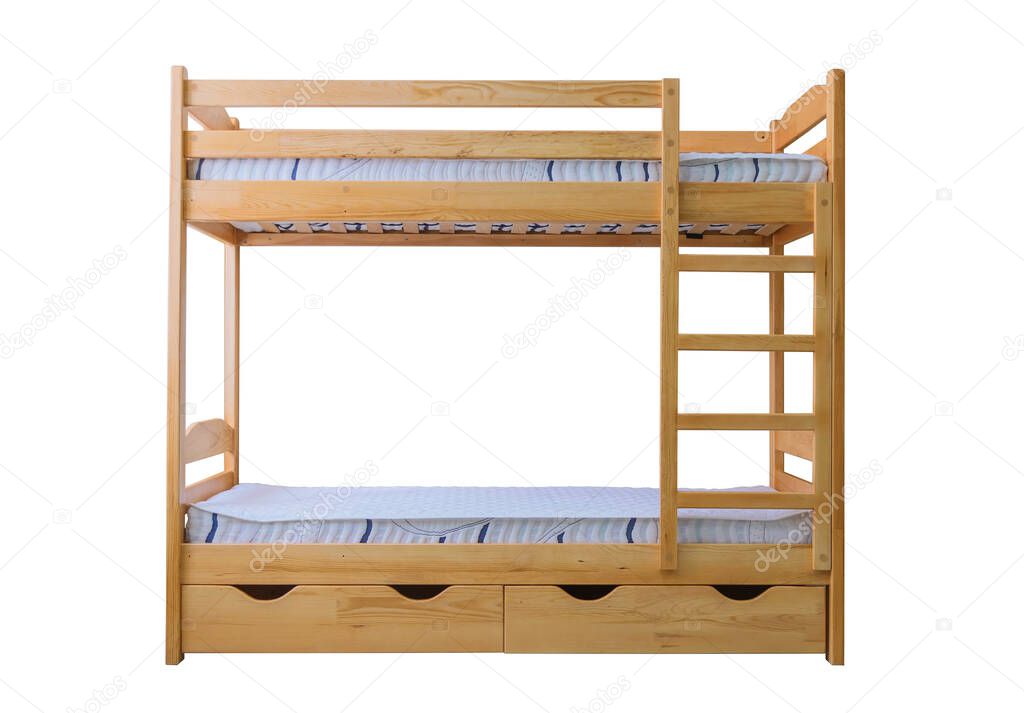 lacquered wooden bunk bed with mattresses	