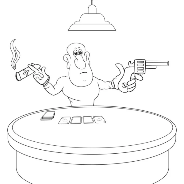 Картковий Гравець Столом Казино Бандит Пістолетом Сигарою Руках Мультфільм Контур — стоковий вектор