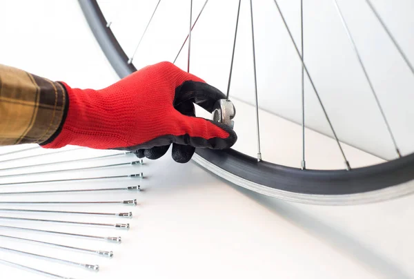 Part Bicycle Wheel Adjusting Spokes Wheel Tool Close Isolated White — Stok fotoğraf