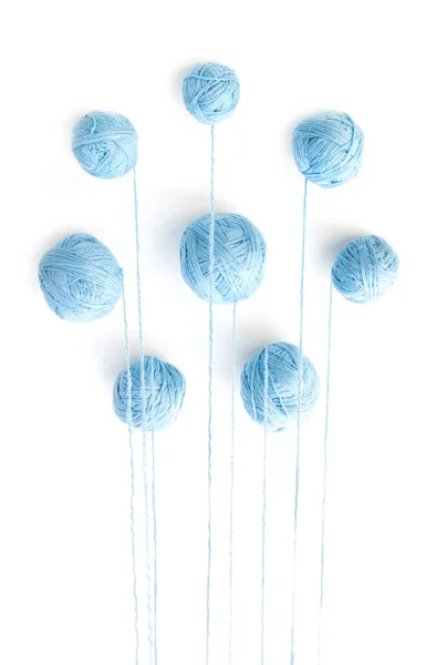 Balls Blue Yarn Unwinding Perspective Isolated White Background — Stockfoto