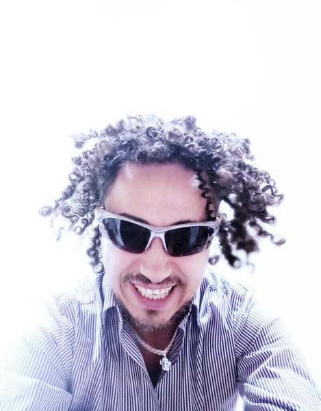 Portrait Funny Guy Sunglasses Curly Hair Laughing Bent Camera Isolated — Fotografia de Stock