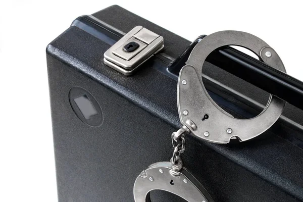 Handcuffs Chained Handle Briefcase Close Isolated White Background — Zdjęcie stockowe