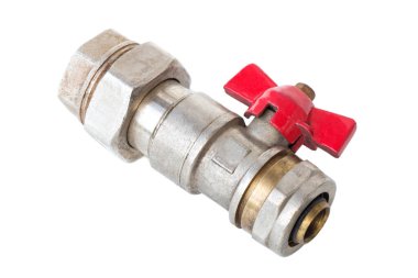 Brass ball valve with red handle for heating systems on a white background