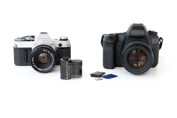 Concept Old Film Reflex Camera Digital Reflex Camera White Isolated — Foto de Stock