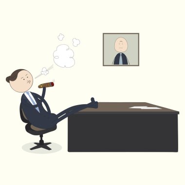 cartoon guy in the director's office sits in a chair and smokes a cigar