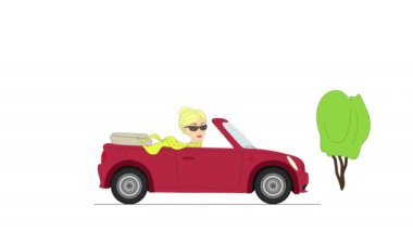 blonde girl rides in a red cabriolet, cartoon, looped, on an white background