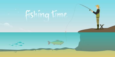A fisherman is fishing in a pond with a fishing rod in his hands. Hobby - fishing. Vector illustration.