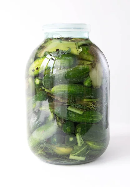 Pickled Cucumbers Glass Jar White Isolated — Foto de Stock