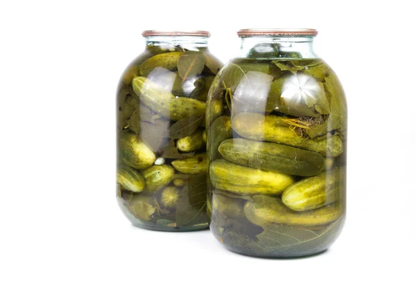 Pickled Cucumbers Glass Jar White Isolated — Fotografia de Stock