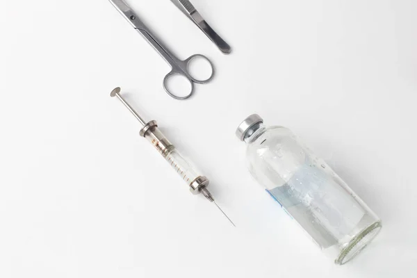 Tweezers Scissors Syringe Filled Medicines Next Jar Medicines Isolated White — Stockfoto