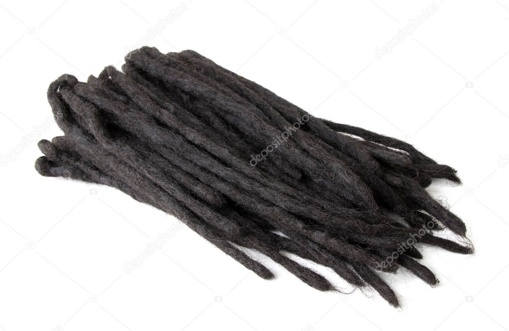 dreadlocks, woven artificial kanekalon, for weaving into a hairstyle, on a white isolated background