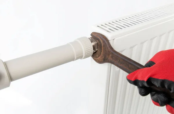 Technician Tightens Central Heating Radiator Fitting Wrench Isolated White — Stock Photo, Image