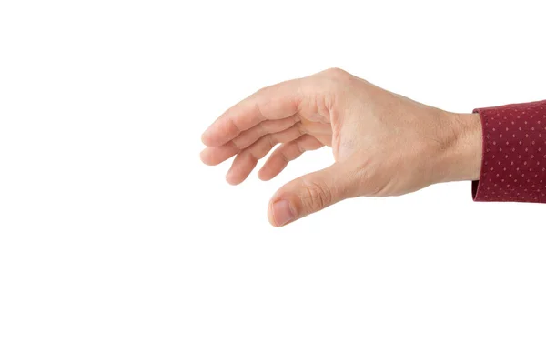 Erkek eli, beyaz bir arka planda izole edilmiş bir şeyi almak için uzanıyor.