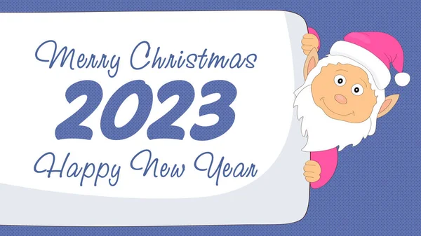 Cüce Mutlu Noeller Mutlu Yıllar 2023 Posterinin Arkasından Bakar — Stok Vektör