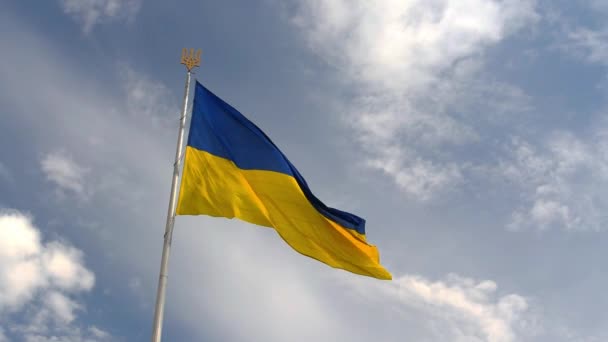Ukrainian National Official Flag Flagpole Waving Wind Picturesque Sky Background — Stock Video