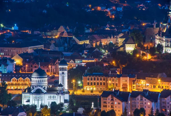 Top Panoramiczny Widok Oświetlone Cerkwi Starych Budynków Centrum Sighisoara Transylwania — Zdjęcie stockowe