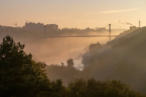 Scenic Sunrise Zhytomyr City Morning Fog Valley Teteriv River High — Foto Stock