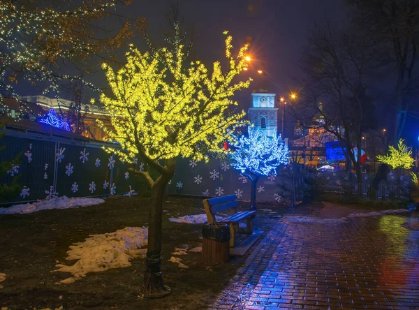 Oświetlenie Świąteczne Ulicy Katedra Zofii Tle Kijów Kijów Ukraina — Zdjęcie stockowe