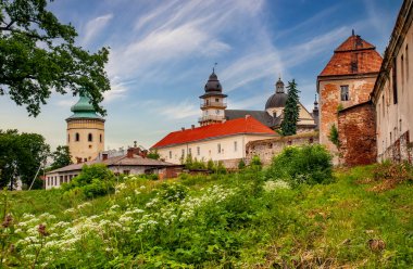 Ukrayna 'nın Lviv bölgesindeki Zhovkva kasabasının panoramik manzarası. Zolkiewski 'nin Kalesi, Belediye Binası ve St. Lawrance Katolik Kilisesi' nin duvarı ve kulesi. Resimli gökyüzü