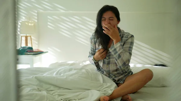 Woman Waking Morning Sitting Bed Yawning Person Wake — Foto Stock