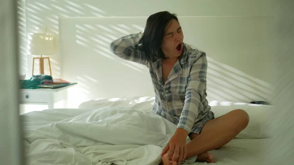 Woman Waking Morning Sitting Bed Yawning Person Wake — Stockfoto