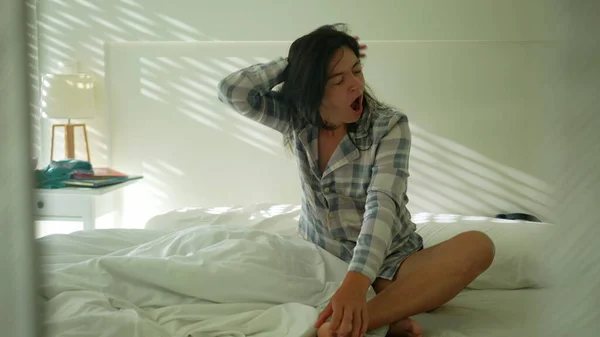 Woman Waking Morning Sitting Bed Yawning Person Wake — Foto de Stock
