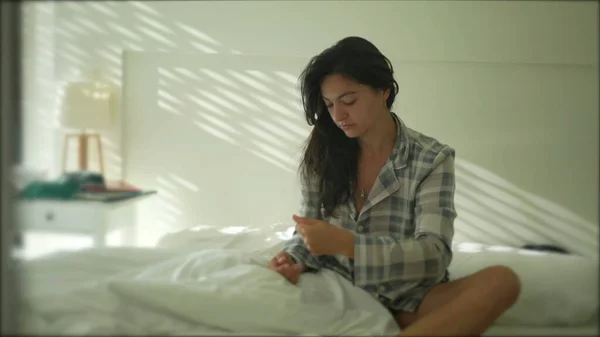 Woman Sitting Bed Morning Wearing Pajama — Photo