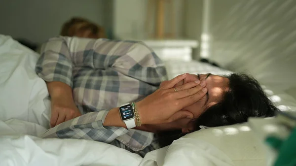 Woman Rubbing Eye Morning Waking Bed Routine — Stok Foto
