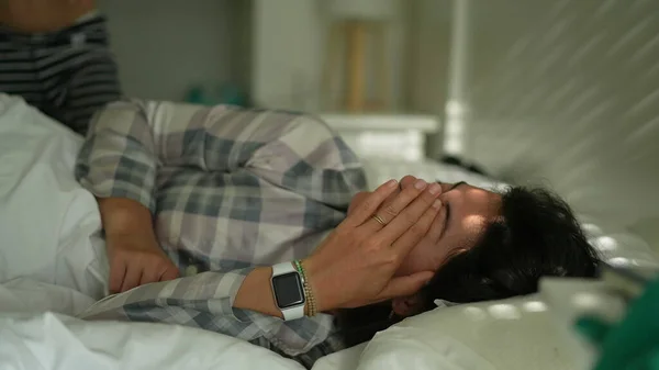Woman Rubbing Eye Morning Waking Bed Routine — Stockfoto