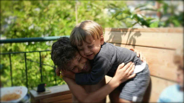 Two Small Brothers Embrace Authentic Real Life Family Love Affection — Stock Photo, Image