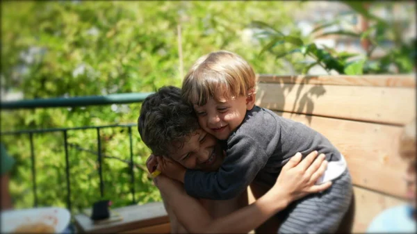 Two Small Brothers Embrace Authentic Real Life Family Love Affection — Stock Photo, Image