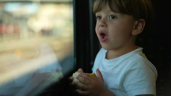 Small Child Riding Train Looking Out Window While Holding Apple — Foto Stock