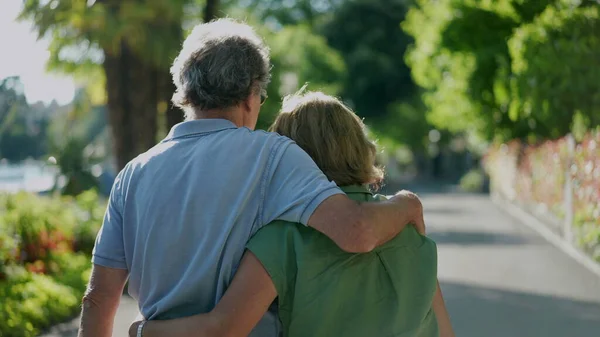 Romantic Older Husband Putting Arm Wife Senior Couple Walking — Stockfoto