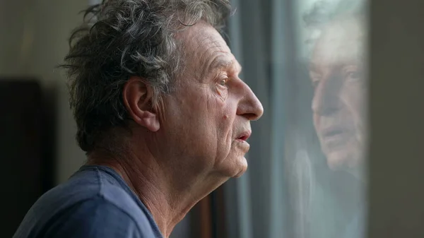 Pensive Senior Man Standing Window Looking Thoughtful Old Person — Stock Photo, Image