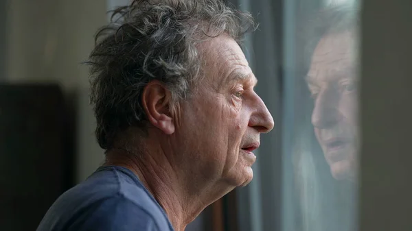 Pensive Senior Man Standing Window Looking Thoughtful Old Person — Stock Photo, Image