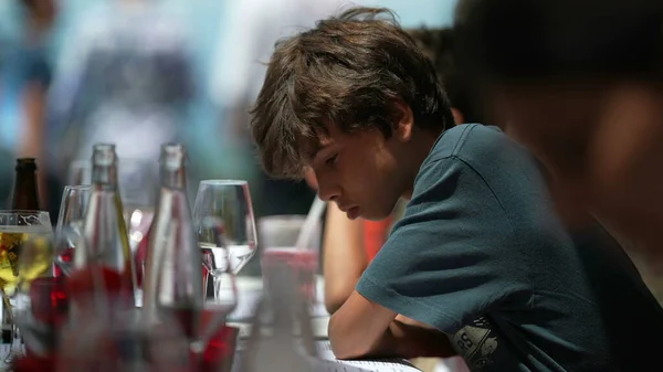 Pensive Child Sitting Restaurant Thoughtful Young Boy — Fotografia de Stock